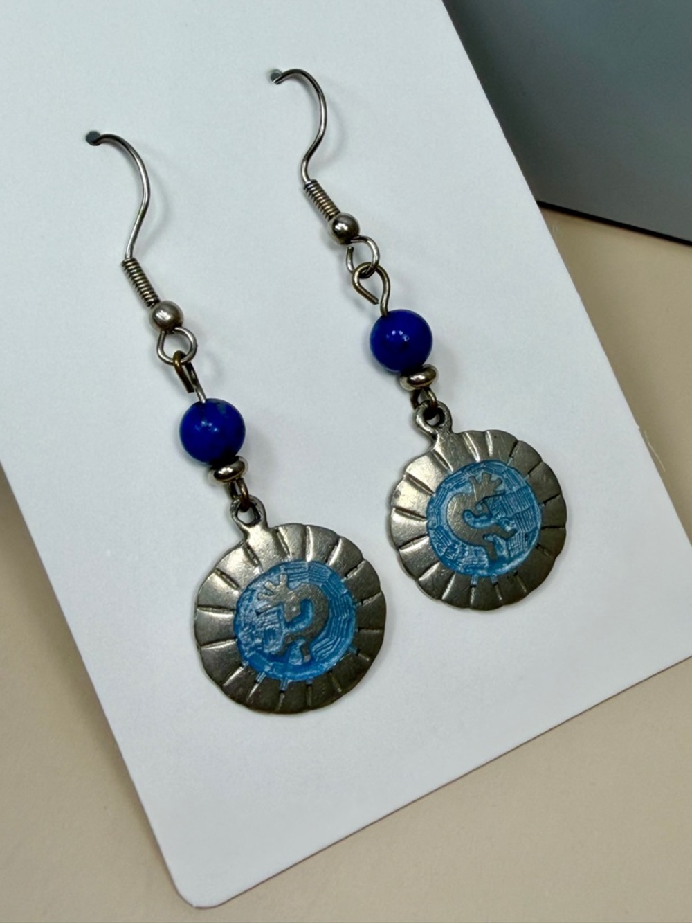 Handcrafted Blue Kokopelli Drop Earrings -